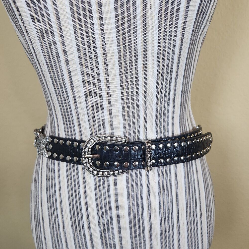 Retro 90s Metal Mesh rhinestone Belt Silver with Leather‎ Xs Style biker Unisex